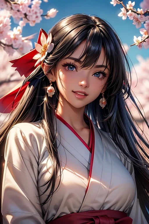 #Basics A girl is posing for a photo, animeのかわいい女の子, (((One Girl, Baby Face, Young girl, 16 years old))), 
BREAK 

#Clothing Accessories 
(Shrine maiden costume : A white haori with large sleeves + cherry blossomsの刺繍が施されている + Deep red hakama skirt + Flower-shaped hair ornament + 伝統的な日本のshrineのShrine maiden costume), ((Tanned dark skin)), Silver earrings, 
BREAK 

#Features 
(Black Hair), (Straight cut bangs), (Long Hair + Straight Hair + Straight hair without any kinks),  
(Droopy eyes, blue eyes), (Small breasts),  
BREAK 

#background environment 
((noon, Sunshine, shrine + cherry blossoms, blue sky)), 
#Facial Expression Pose
((Big happy smile + Mouth wide open + Teeth are visible), (Standing looking up at the sky)), 
#composition 
((Angle from the front, Cowboy Shot)), 
BREAK 

#Body parts elements 
(Detailed hair, Beautiful Hair, Shiny Hair), 
(double eyelid, Long eyelashes), 
(Expression of fine eyes, Beautiful and delicate eyes, Sparkling eyes, Eye Reflexes, Glitter Eyeliner), 
(Human Ear), 
(Beautiful Nose, Thin Nose), 
(Glossy lips, Beautiful Lips, Thick lips, Glossy Lips, Natural Cheeks), 
(Detailed face, Symmetrical facial features), 
(Detailed skin, Textured skin, Beautiful Skin, Shiny skin), 
BREAK 

#Quality 
(((Highest quality)), ((masterpiece)), ((Very detailed))), ((High resolution), (16K,1080P)), 
(Realistic), (Anatomically correct), 
((comics, anime)), (3DCG), CG illustration,
