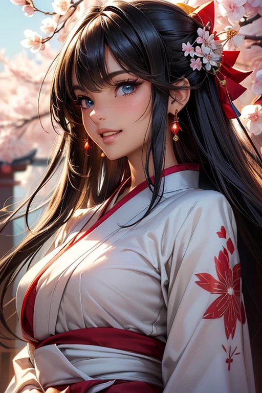 #Basics A girl is posing for a photo, animeのかわいい女の子, (((One Girl, Baby Face, Young girl, 16 years old))), 
BREAK 

#Clothing Accessories 
(Shrine maiden costume : A white haori with large sleeves + cherry blossomsの刺繍が施されている + Deep red hakama skirt + Flower-shaped hair ornament + 伝統的な日本のshrineのShrine maiden costume), ((Tanned dark skin)), Silver earrings, 
BREAK 

#Features 
(Black Hair), (Straight cut bangs), (Long Hair + Straight Hair + Straight hair without any kinks),  
(Droopy eyes, blue eyes), (Small breasts),  
BREAK 

#background environment 
((noon, Sunshine, shrine + cherry blossoms, blue sky)), 
#Facial Expression Pose
((Big happy smile + Mouth wide open + Teeth are visible), (Standing looking up at the sky)), 
#composition 
((Angle from the front, Cowboy Shot)), 
BREAK 

#Body parts elements 
(Detailed hair, Beautiful Hair, Shiny Hair), 
(double eyelid, Long eyelashes), 
(Expression of fine eyes, Beautiful and delicate eyes, Sparkling eyes, Eye Reflexes, Glitter Eyeliner), 
(Human Ear), 
(Beautiful Nose, Thin Nose), 
(Glossy lips, Beautiful Lips, Thick lips, Glossy Lips, Natural Cheeks), 
(Detailed face, Symmetrical facial features), 
(Detailed skin, Textured skin, Beautiful Skin, Shiny skin), 
BREAK 

#Quality 
(((Highest quality)), ((masterpiece)), ((Very detailed))), ((High resolution), (16K,1080P)), 
(Realistic), (Anatomically correct), 
((comics, anime)), (3DCG), CG illustration,
