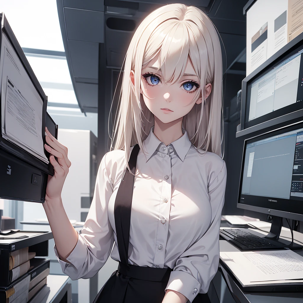 (8K, Best Quality, Masterpiece, Ultra High Resolution) 1Girl, Beautiful Eyes, Face Details, Platinum Hair, Hazel Eyes, Pale Skin, Slender, Office Attire, Blouse, Skirt, Inside Office, Best Quality, Upper Body, Looking at the Viewer, Facing Viewer, Close Up