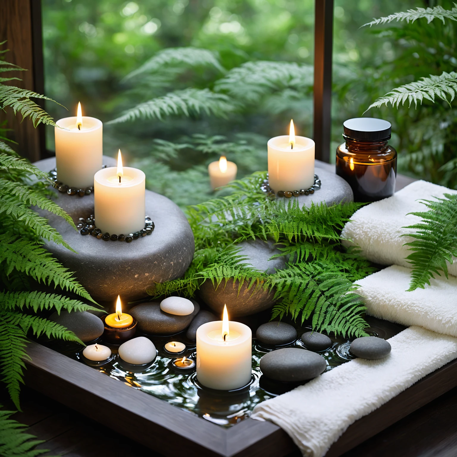 A minimalist Japanese style scene,There is a gurgling stream.Stone platform covered with ferns located deep in the tranquil forest bokeh background、Light two scented candles,The scene includes soft lighting、Flat lay roses、White silk scarf、SPA energy crystals of various colors、Exquisite transparent SPA essential oil in glass bottle,and gentle candlelight,Create a fresh、Bright、Relaxing and comfortable atmosphere,Evoking a sense of tranquility and simplicity。A peaceful aura or meditative state has a warm and pure atmosphere