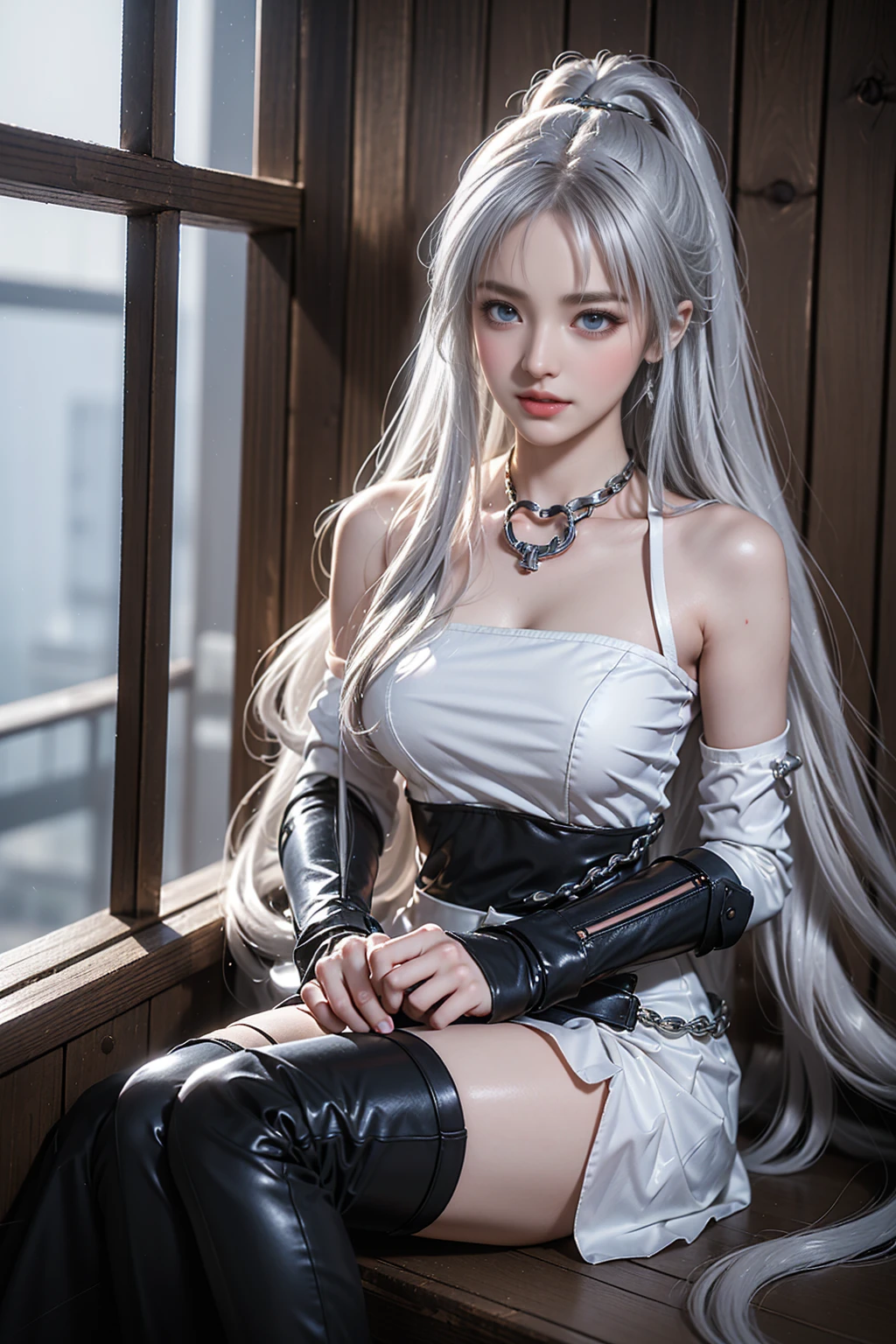(Girl sitting on the deck of a pirate ship),photograph,Sharpness,Unique 850 4, Koda 850k Portrait Camera, F1. mm lens、Ultra-realistic texture、Spectacular light texture、((The left leg was restrained、Beautiful woman hanging from chains))、(Tears flow、Crying in pain)、His head is restrained by a chain hanging from the ceiling and handcuffs。 Long legs、Long hair blowing in the wind、Brown Hair、Torn Cyber Long Boots、Torn Cyber Gloves:1. 1)、((Horizontal bar: highest image quality、live-action、Ultra Premium Graphics、8K HD CG Works、High-quality graphics、High-definition CG works、10x pixels、Ultra-fine details:1.1、Advanced technical details:1.1 Photoreal、Indoor lighting effects:1.5、Natural light:1.5. Light Effects(バーチャルLight Effects:1.8),長いSilver Hair,Silver Hair,Transparent Hair,Hair with attention to detail(Premium Hair Detail:1. 1)Clear Eyes、Beautiful double eyelids、Sharp eye makeup、Delicate eyelash makeup、Thin eyebrows、Eye for detail、High nose、Clean red lips、Rose's Cheeks、Delicate makeup face、Cute Face、Perfectly balanced face、(Advanced Face Detail:1. 1),Top quality work,Actual work,
DeepL.featuring(Free version)Translated by。