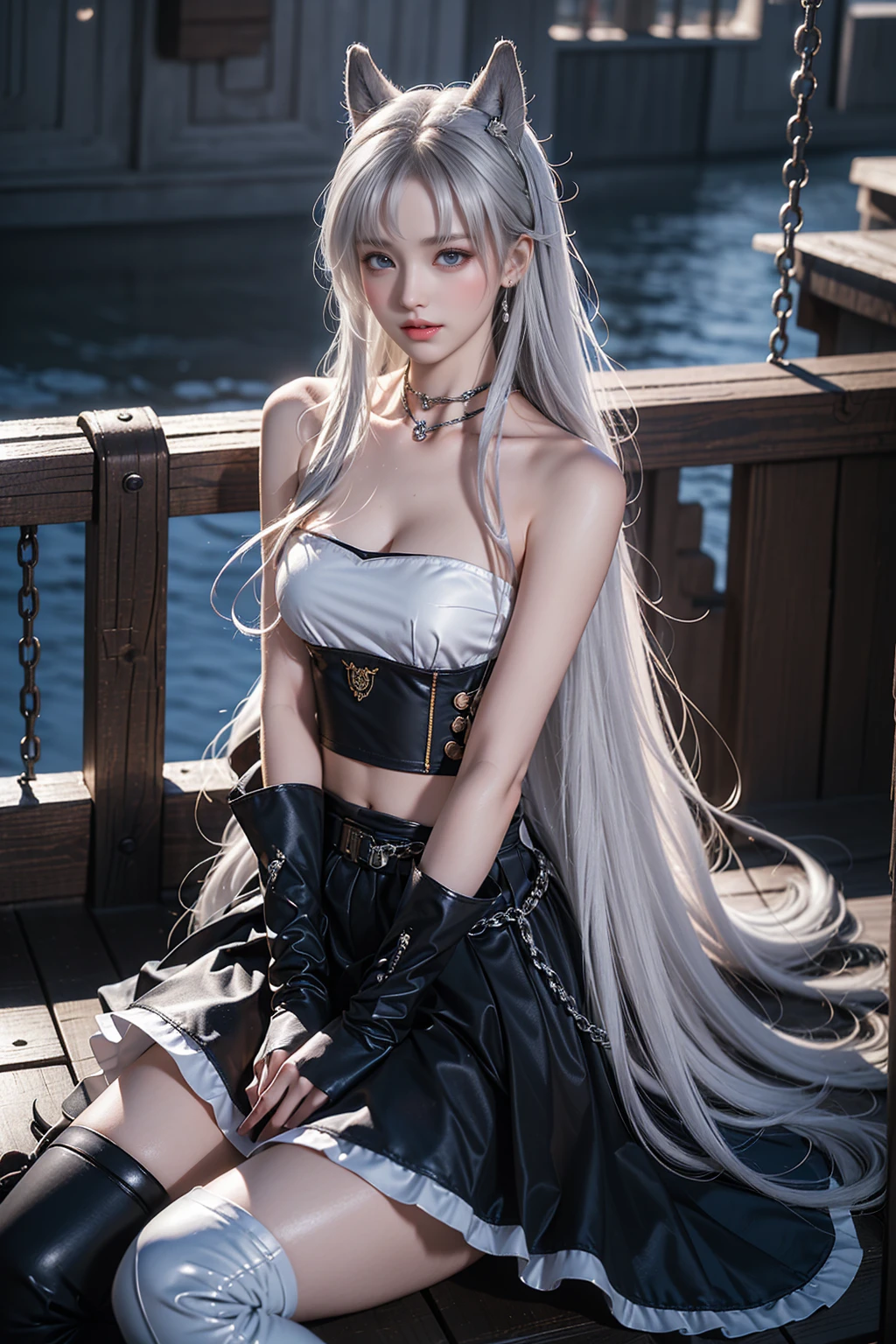 (Girl sitting on the deck of a pirate ship),photograph,Sharpness,Unique 850 4, Koda 850k Portrait Camera, F1. mm lens、Ultra-realistic texture、Spectacular light texture、((The left leg was restrained、Beautiful woman hanging from chains))、(Tears flow、Crying in pain)、His head is restrained by a chain hanging from the ceiling and handcuffs。 Long legs、Long hair blowing in the wind、Brown Hair、Torn Cyber Long Boots、Torn Cyber Gloves:1. 1)、((Horizontal bar: highest image quality、live-action、Ultra Premium Graphics、8K HD CG Works、High-quality graphics、High-definition CG works、10x pixels、Ultra-fine details：1.1、Advanced technical details：1.1 Photoreal、Indoor lighting effects：1.5、Natural light：1.5. Light Effects（バーチャルLight Effects：1.8），長いSilver Hair，Silver Hair，Transparent Hair，Hair with attention to detail（Premium Hair Detail：1. 1）Clear Eyes、Beautiful double eyelids、Sharp eye makeup、Delicate eyelash makeup、Thin eyebrows、Eye for detail、High nose、Clean red lips、Rose&#39;s Cheeks、Delicate makeup face、Cute Face、Perfectly balanced face、（Advanced Face Detail：1. 1），Top quality work，Actual work，

DeepL.featuring（Free version）Translated by。