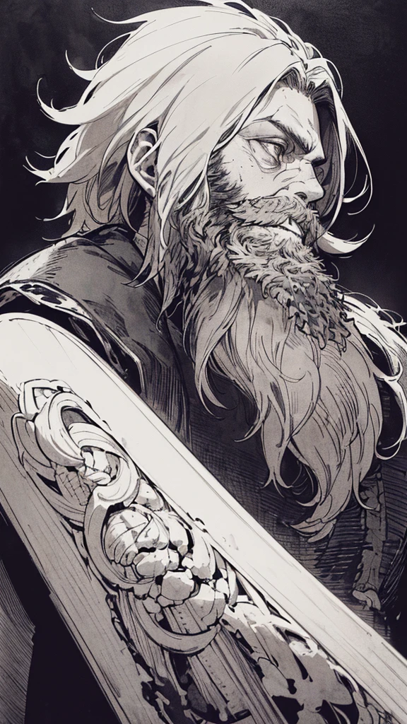 Highest quality, (Background details), High Contrast, Detailed original illustrations, Dwarven warriors、白hair、Muscular々、Wearing armor、whole body、Has an axe、, Medieval, Earrings_Deeply engraved_eye, Wrinkled face, dark_Stitch_Cape, (Dramatic lighting:1.25), (Shadowed Background:1.2), (dirty_ Sloppy_gray_hair:1.2), (length_Hairy_beard:1.3)Small stature、Delicate face, , Wicked Smile、鋭いeye, Black background, (Black background: 1. 5) Beautiful line art, Monochrome