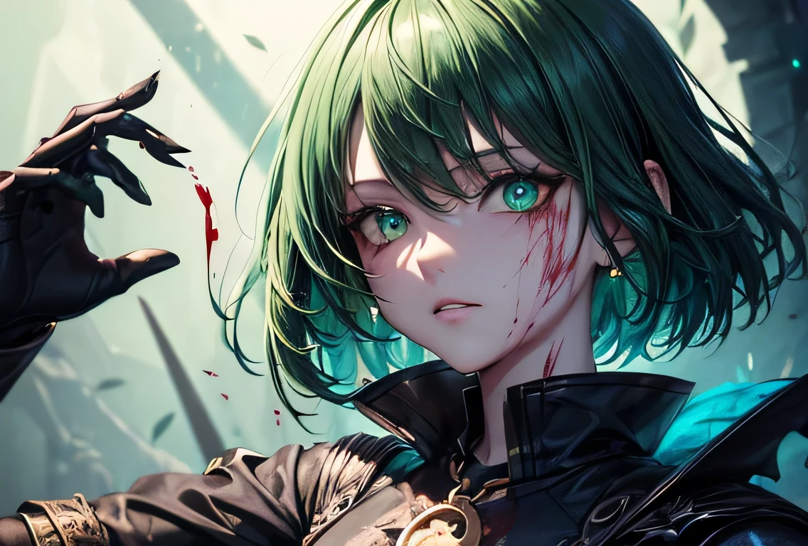 (masterpiece:1.2、highest quality), (Exquisite eyes: 1.2), (Detailed Background、Dark fantasy), (beauty detailed face), High Contrast, (Best lighting、Very delicate and beauty), ((Cinema Lighting) )), colorful, Hyper Detail, Dramatic Light, Intricate details, (1 girl, solo, green short hair, green hair, Sharp Face, green eyes, green hair between the eyes, Dynamic Angle), (Blood splatter:1.4), Black light swirling around the character, Depth of written boundary, black light particles, Nightcore, black magician, Spectacular anime style, zerochan art, Anime Wallpaper, Burning, High quality anime art style, Key Anime Art