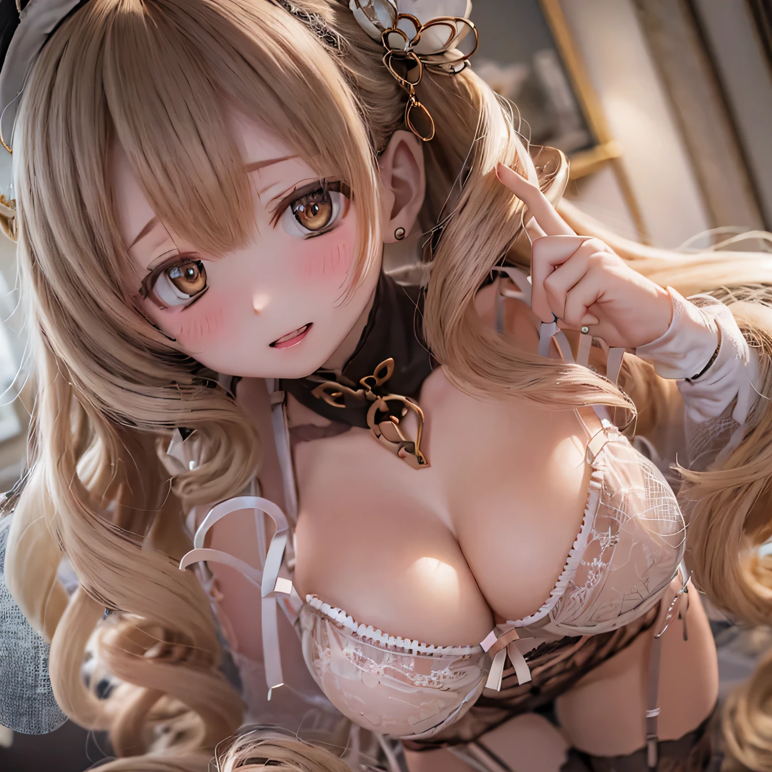 detailed, Beautiful woman with expressive eyes, Perfect Face, Long golden hair, Golden Eyes, Pでk Lips, Attention to detail, Anime Style, Bright colors, cute, Thick and sensual lips, Curvaceous and sensual body, blush, Rye and bed. poor、Sexy pose (((((((Sexy Lingerie))))))))