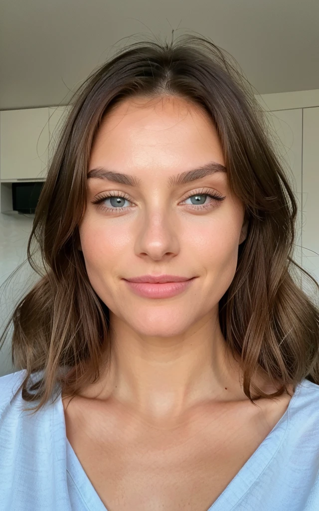 Belle brune aux reflets blonds complètement nue 22 ans, Visage innocent, cheveux ondulés naturels, yeux bleus, Haute résolution, meilleure qualité, détails complexes, très détaillé, mise au point nette, peau détaillée, texture de peau réaliste, texture, yeux détaillés, 4K, sourire charmant,, corps parfaitement ajusté, extrêmement détaillé,
