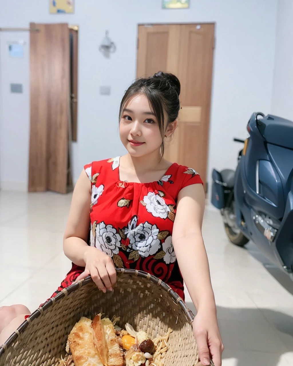 there is a woman sitting on the floor holding a basket of food, dang my linh, young and cute girl, ruan cute vtuber, young asian girl, shot on nikon z9, anime thai girl, wearing a red cheongsam, very very low quality picture, captured on canon eos r 6, sakimi chan, cute girl, asian girl