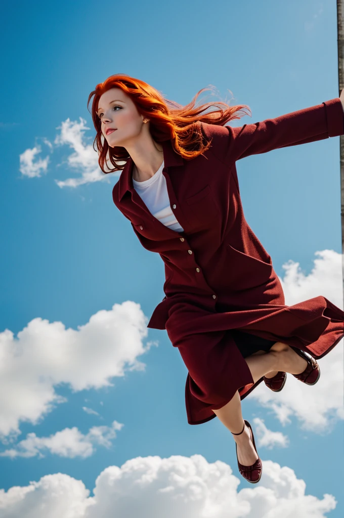 Redhead woman hovering in the sky,