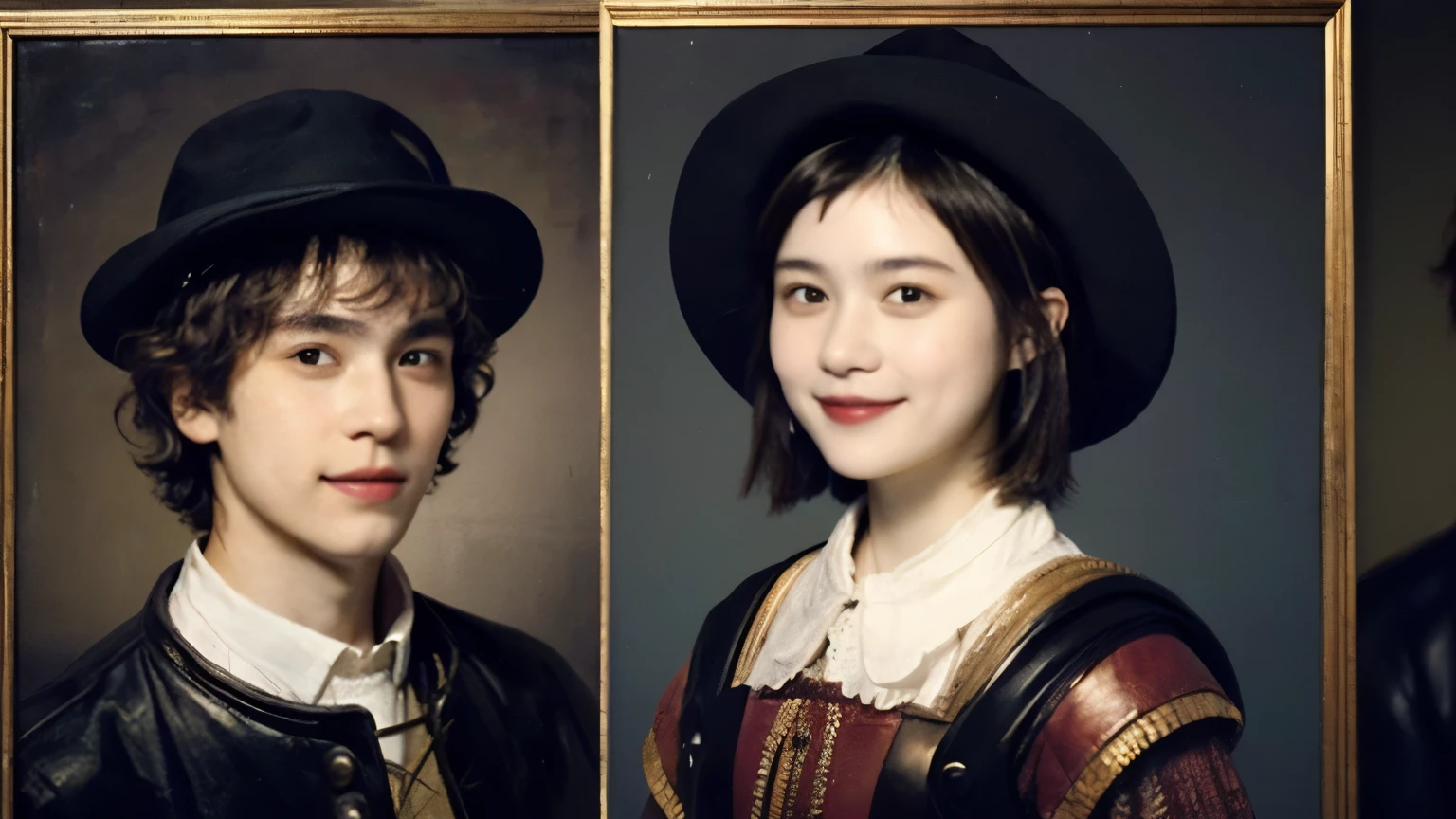 252 (An 18-year-old female and an 18-year-old male), (short hair),kind, lipstick, (Rembrandt-style painting), smile