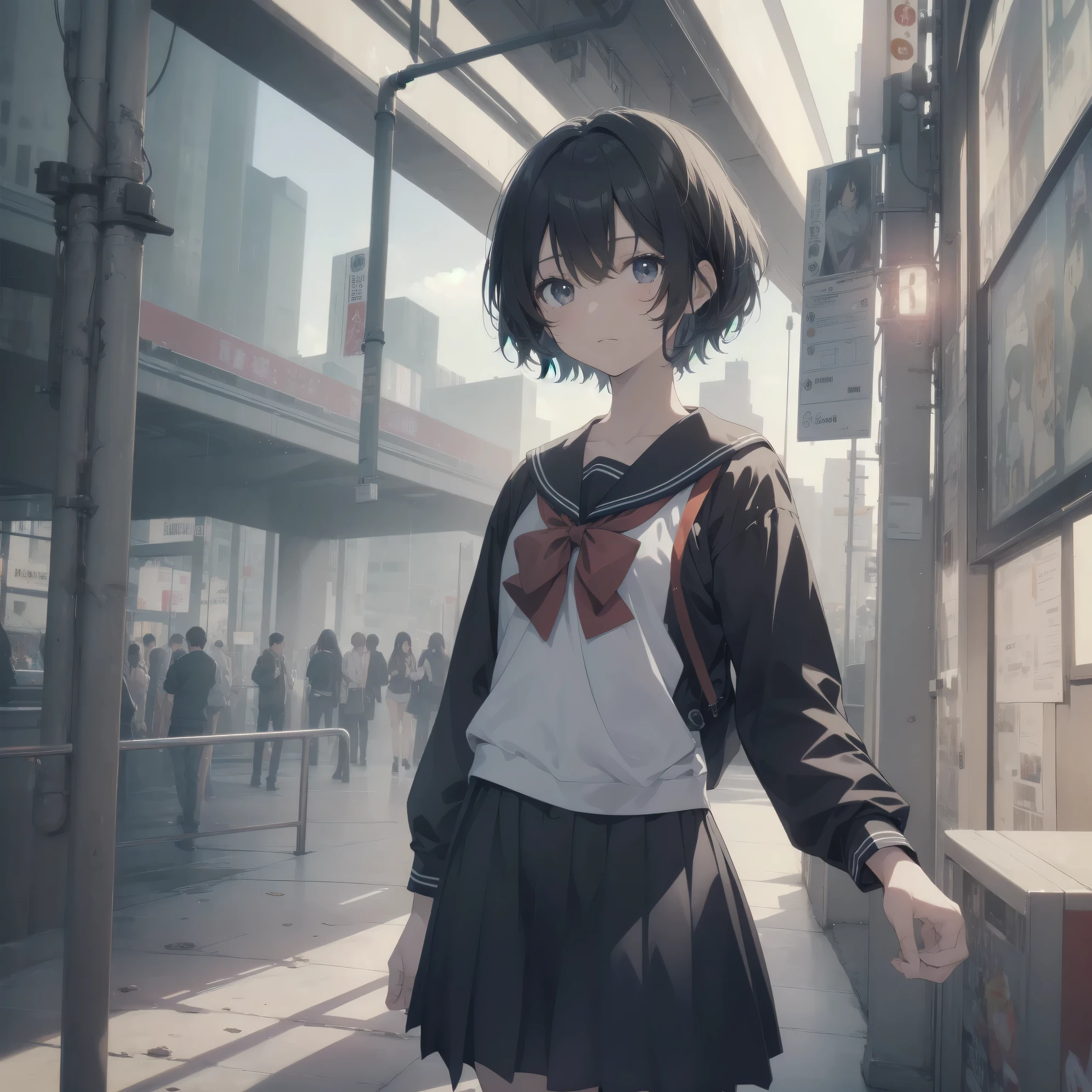 ultra-absurdres-Top quality by artist God, ultra-detailed, high resolution, anime moe artstyle, best anime 8k konachan wallpaper, pixiv contest winner, pool:2810, perfect anatomy,break, 1girl, (Please draw a girl walking sleepily to school alone. )break,(Solo,little female, 13-year-old:1.3),Full limbs, complete fingers,a junior high school student, (very short hair), short cut, flat chest, , small butt, small black eyes, beautiful detailed eyes, well-proportioned iris and pupils, expressive eyes, highres detailed hair, soft expression, salor school_uniform, sailor collar, serahuku, bow, pleated skirt,(Detailed Lighting), (Detailed background), in the School commute route. break,dewy skin, perspiration on the skin,skin texture, fine lines, pores, natural imperfections,light reflections, glossy skin, shiny skin,break, Best cinematic lighting powered by famous artist, 8k,beauty illustration,photoshop_(medium),very aesthetic,break,((artist:enkyo_yuuichirou )), artist:clamp ,artist:carnelian ,artist:kantoku ,
