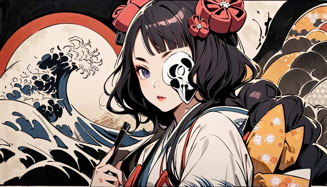 (((Cover your entire face with a skull mask))), (((Katsushika Hokusai))), (((Ink Painting))), ((very straight longhair)), ((1 girl)), Japanese style headphones, Black Hair, Delicate and precise, Modern ukiyo-e style