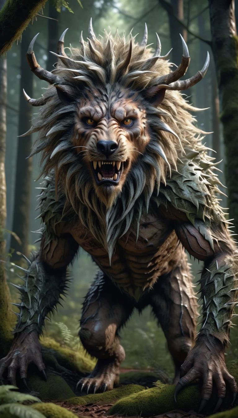 There is a wild beast in the forest,Human-like appearance,Covered with thorny hair(best quality,4K,8K,High level,masterpiece:1.2),Ultra Detailed,(lifelike,Photo real,Photo real:1.37),Highly detailed animals,Complex patterns,Realistic lighting,Fantasy Creatures