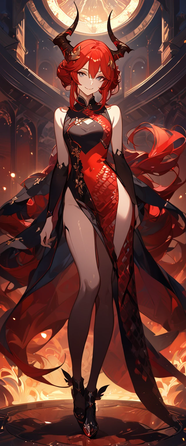 masterpiece, best quality, 8k ,4k , 1girl, teenage girl, dragon girl, red hair, gray eyes, big , slender waist, small waist, small thigh, horn, hair ornament, finely detailed eyes and detailed face, looking at viewer, Black sleeveless top, gradually transparent embroidery skirt, skirt to the knee, majestic looks, smiling gently, Lace dress, patterned clothes, red scale scattered pattern clothes, meticulous clothes, revealing clothes, mature clothes, majestic looks, smiling gently, small bird, full body, artist : ask, art style : ask