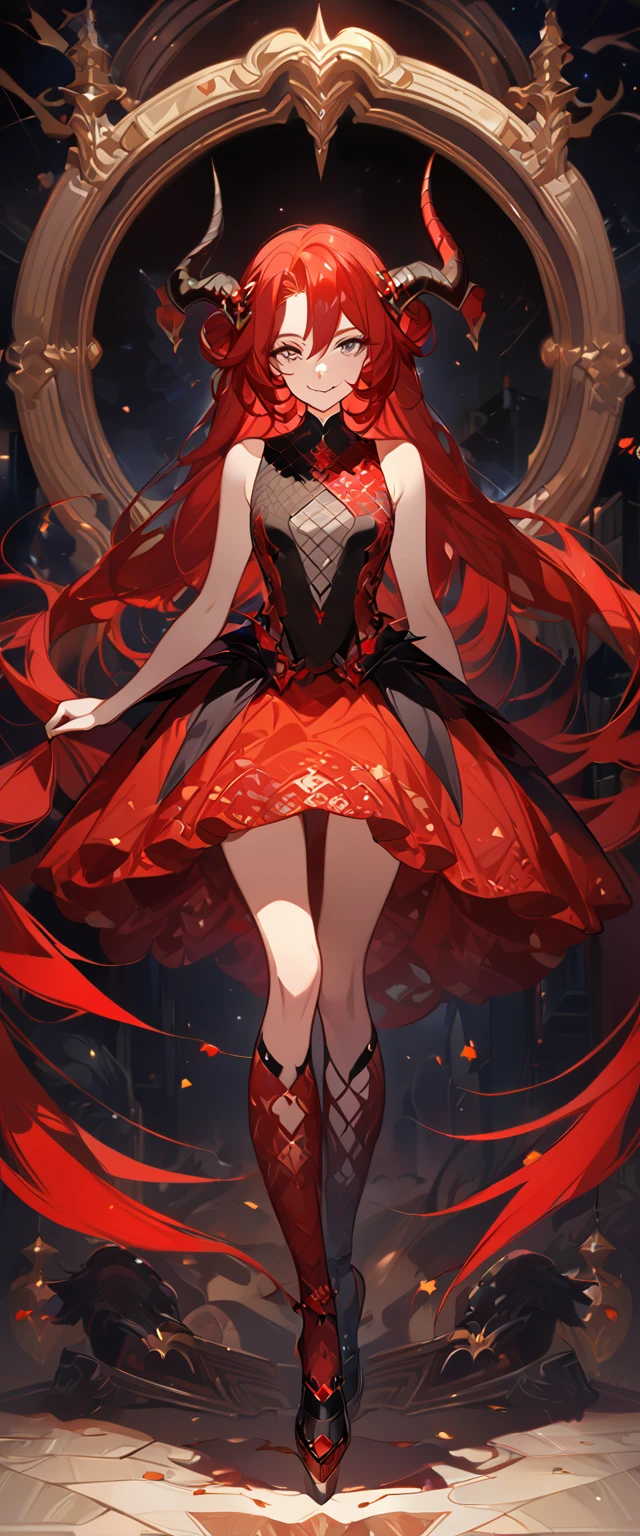 masterpiece, best quality, 8k ,4k , 1girl, teenage girl, dragon girl, red hair, gray eyes, big , slender waist, small waist, small thigh, horn, hair ornament, finely detailed eyes and detailed face, looking at viewer, Black sleeveless top, gradually transparent embroidery skirt, skirt to the knee, majestic looks, smiling gently, Lace dress, patterned clothes, red scale scattered pattern clothes, meticulous clothes, revealing clothes, mature clothes, majestic looks, smiling gently, small bird, full body, artist : ask, art style : ask