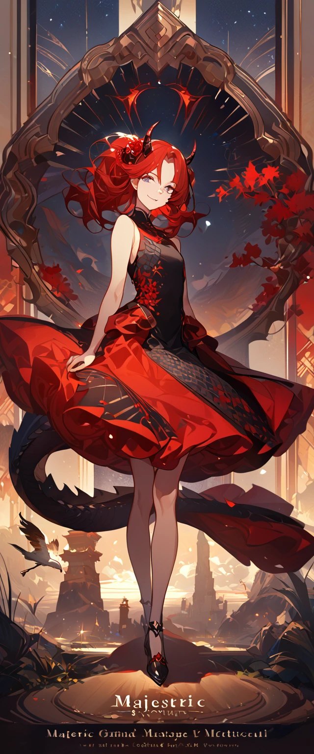 masterpiece, best quality, 8k ,4k , 1girl, teenage girl, dragon girl, red hair, gray eyes, big , slender waist, small waist, small thigh, horn, hair ornament, finely detailed eyes and detailed face, looking at viewer, Black sleeveless top, gradually transparent embroidery skirt, skirt to the knee, majestic looks, smiling gently, Lace dress, patterned clothes, red scale scattered pattern clothes, meticulous clothes, revealing clothes, mature clothes, majestic looks, smiling gently, small bird, full body, artist : ask, art style : ask