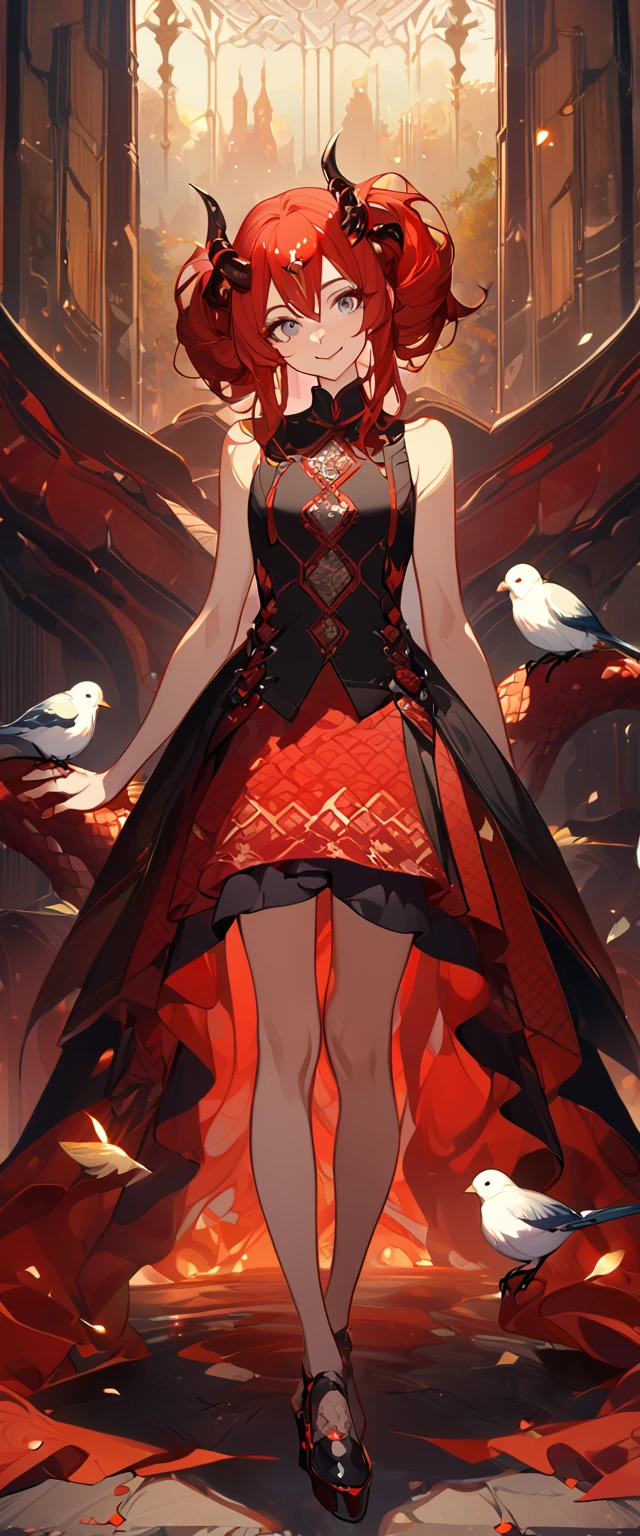 masterpiece, best quality, 8k ,4k , 1girl, age girl, dragon girl, red hair, gray eyes, big , slender waist, small waist, small thigh, horn, hair ornament, finely detailed eyes and detailed face, looking at viewer, Black sleeveless top, gradually transparent embroidery skirt, skirt to the knee, majestic looks, smiling gently, Lace dress, patterned clothes, red scale scattered pattern clothes, meticulous clothes, revealing clothes, mature clothes, majestic looks, smiling gently, small bird, full body, artist : ask, art style : ask
