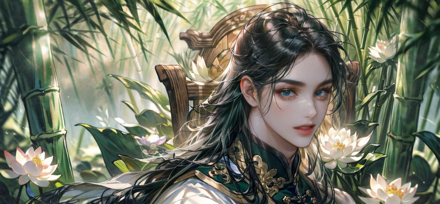 extraordinarily beautiful youth, a bright, innocent smile,All green clothing,(absurdres, highres, ultra detailed, HDR), masterpiece, best quality, (1 boy) , boy character ,((Thick black long hair)),beautiful face,detailed interior, detailed character,((man)),(lotus Flowers in bamboo forest), black hair,he smile,(white lotus), house of China in bamboo Forest , beautiful and cute man ,(long black hair),black eyes,((solo man)),(he has a Big eyes, charming lips, slim nose and small face),(slim figures and no muscle),thin boy,slim body, slim figures ,very long hair,( black eyes)