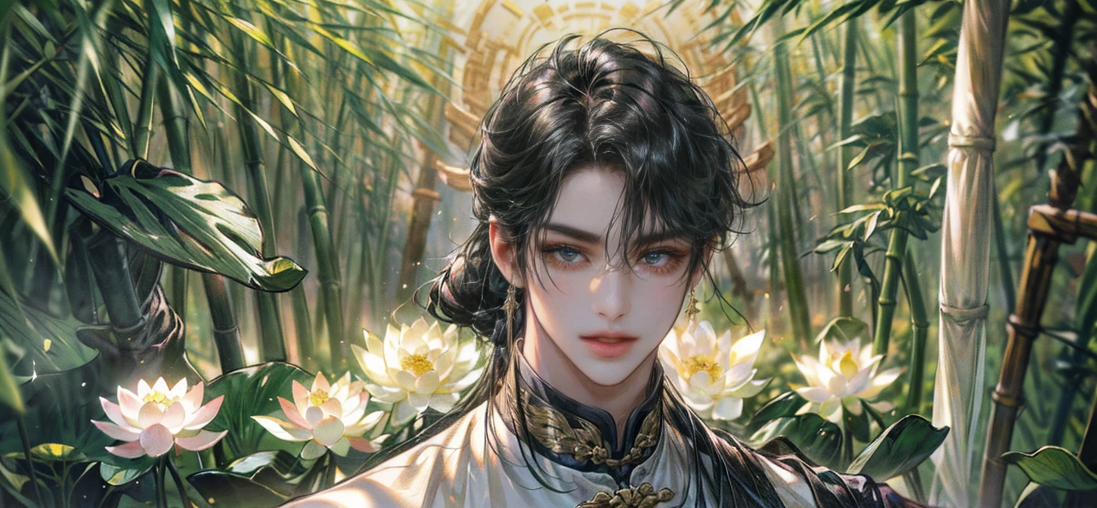extraordinarily beautiful youth, a bright, innocent smile,All green clothing,(absurdres, highres, ultra detailed, HDR), masterpiece, best quality, (1 boy) , boy character ,((Thick black long hair)),beautiful face,detailed interior, detailed character,((man)),(lotus Flowers in bamboo forest), black hair,he smile,(white lotus), house of China in bamboo Forest , beautiful and cute man ,(long black hair),black eyes,((solo man)),(he has a Big eyes, charming lips, slim nose and small face),(slim figures and no muscle),thin boy,slim body, slim figures ,very long hair,( black eyes)