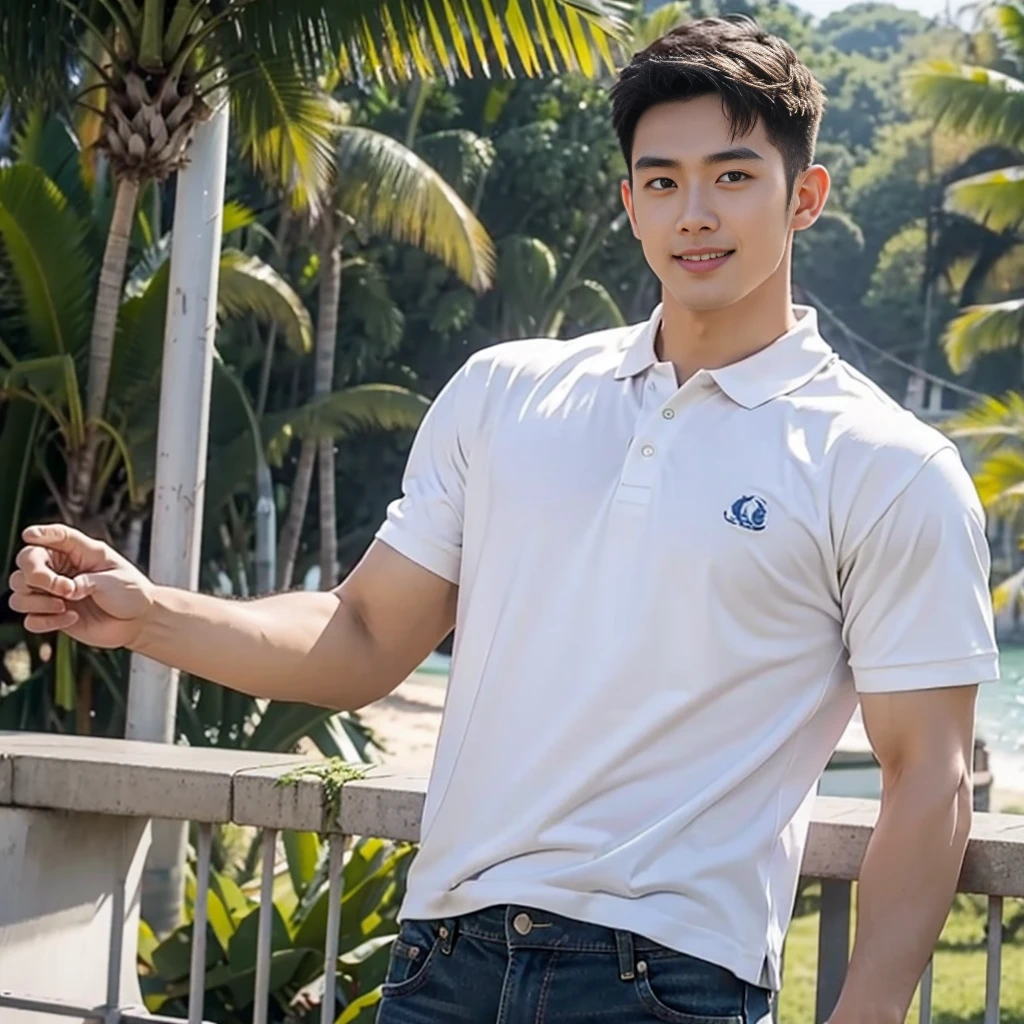 (Masterpiece: 1.2),(CGI art:1.3),(realistic:1.5),(post processing:1.3), (sharp focus:1.3), 1 person, smile, (White Polo Shirt), (jeans), Korean guy , korean men, (High gloss details), chest muscles, Big arm muscles, blood vessel, big muscles, shoulder, looking at the audience, Balancing the eyes, By the sea, beach, sunlight, Run towards the camera....