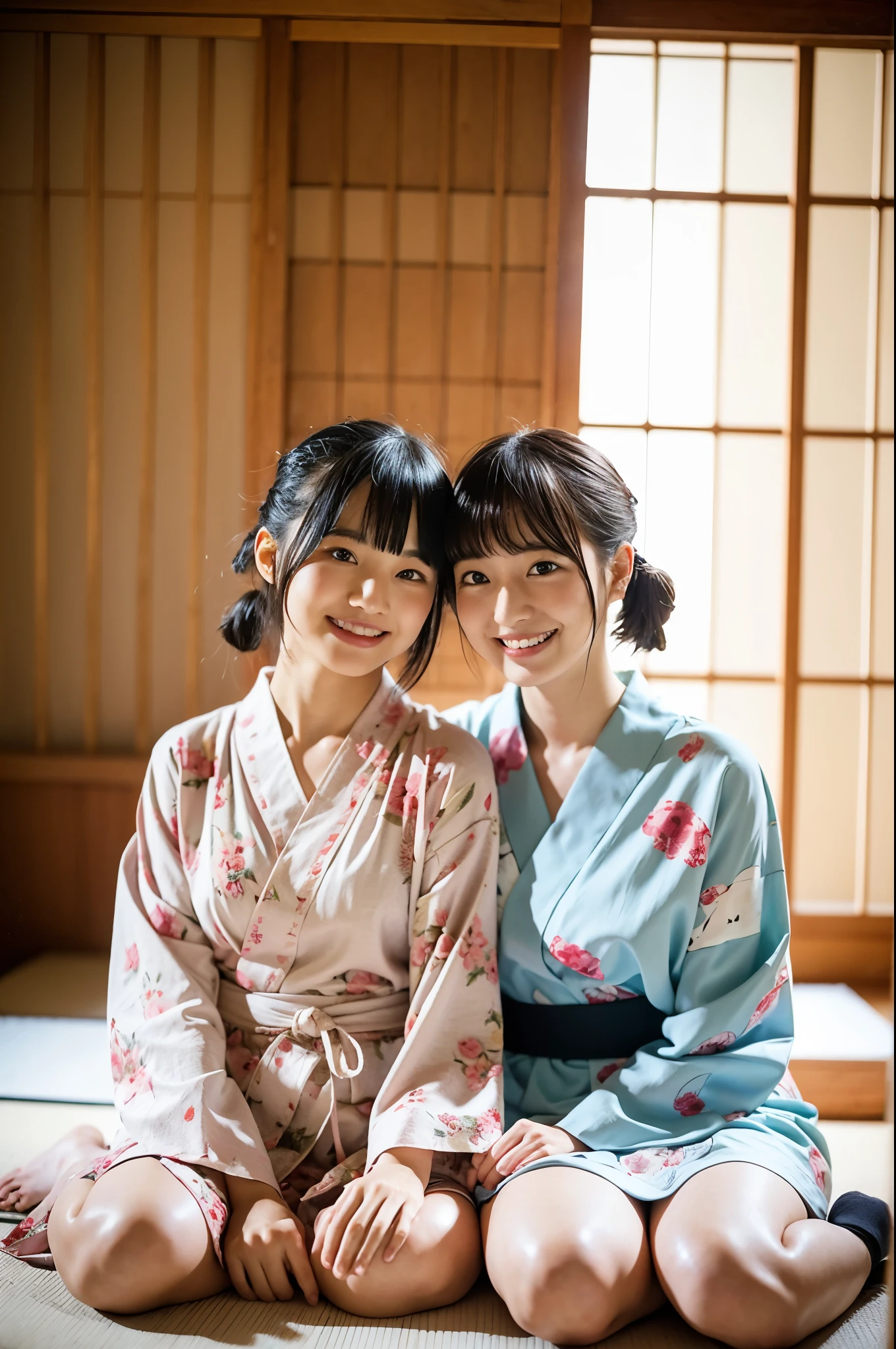 2 girls in ryokan,school trips,long-sleeved floral yukata,18-year-old,bangs,a little smile,thighs,knees,short hair with low pigtails bunches,from below,front light