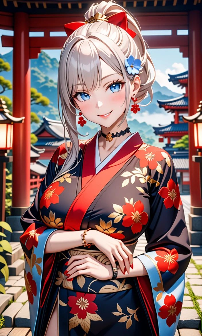 ultra-detailed, ((one girl)), hyper detailed, absurdres, 8K,Cute face, (Laugh shyly), ((teasing smile:1.8)), ((Wink:1.8)), (Laugh with your mouth wide open:1.3),(Tilt your head:1.3), (crossed arms:1.3), View your viewers, ((Bright red cheeks:1.6)),Glossy Red Lips, ((Big Breasts:1.5)) (valley), night, Shrines in the countryside, (Brighten your face), ((Anime style background)),masterpiece, Highest quality, so beautiful,Latest, Complex details, (Pink long nails), (nail art), (ring),(bracelet), (Floral Choker),AI-generated, Complex,High resolution, Highest quality, super high quality,3D Images、3D Images,One person,Long white hair,(High Ponytail), Anime woman posing for a photo, ((Fine grain, pale blue eyes, glowing eyes:1.4)), (Squint your eyes:1.1),a hyperRealistic , hyperRealistic , Realistic,Anime woman with long white hair, Smooth anime CG art, With gold embroidery、A girl in a gorgeous kimono, ((Black long sleeve kimono:1.5)),(Red large floral pattern) ,Long flower hair ornament,Floral Earrings,Mature Body,tall,Abdominal muscles,Narrow waist,((portrait:1.9)),(front view),