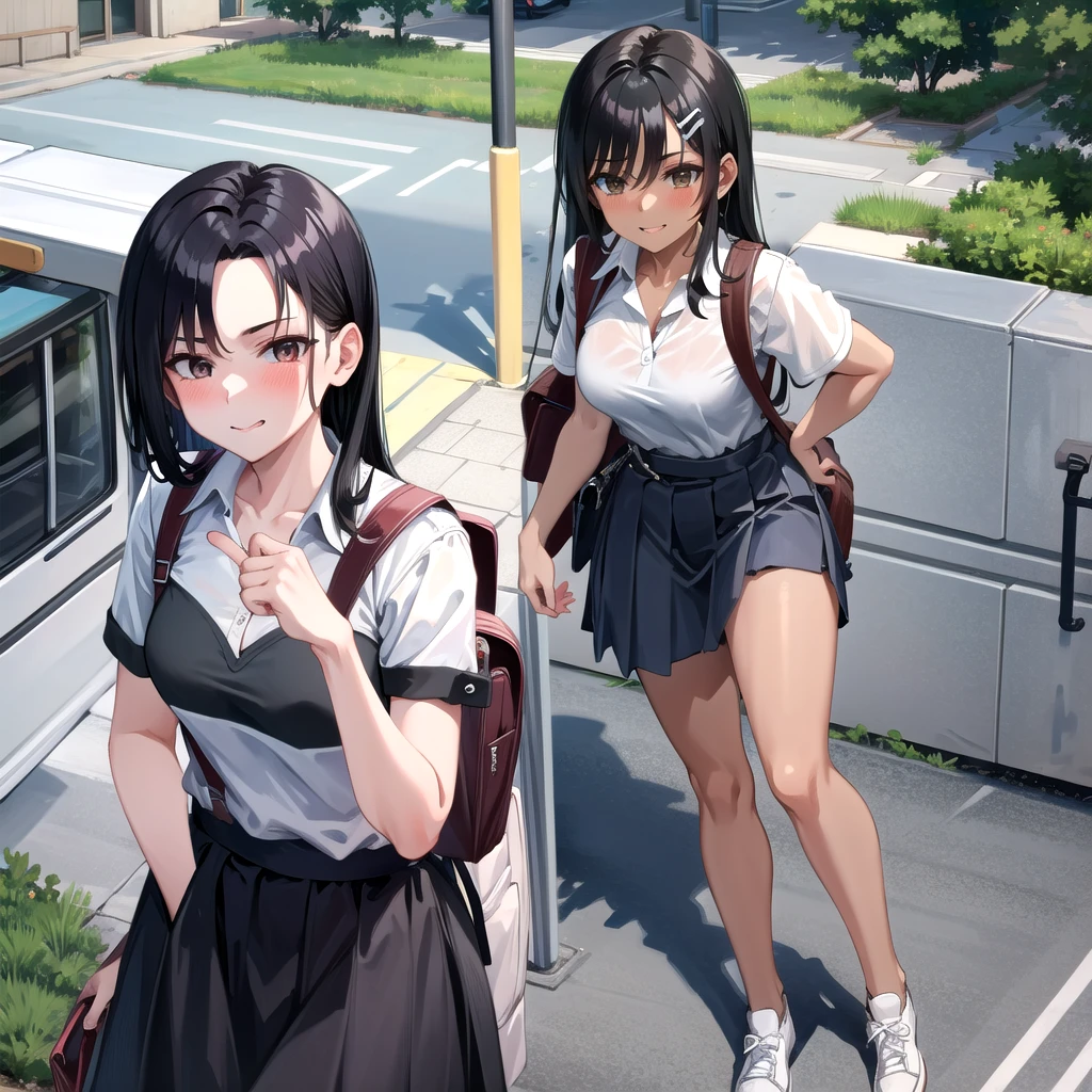 ((best quality)), ((masterpiece)), (details), one girl, sexy ((best quality)), ((masterpiece)), (details), one girl, sexy ((best quality)), ((masterpiece)), (details), one girl, full body, sexy expensive body, expensive, long legs, mature woman, mature, adult, it_nagatoro_main, Hayase Nagatoro, one girl, blushing, alone, uniform polo shirt, short sleeves, black hair, bag, brown eyes, hair accessory, looking at viewer, hair clip, outdoors, backpack, smiling, long hair, dark skinned woman, dark skin, , bangs, daytime, skirt, collared shirt, collarbone, ear clip, mouth closed, tree, asymmetrical bangs, upper body