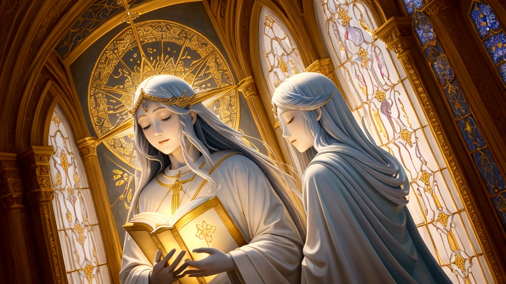 "Description: Create an ethereal scene depicting Heaven as a place of eternal communion with God. Show diverse figures, representing believers, surrounded by radiant light and celestial beauty. They are engaged in joyful activities like worship, fellowship, and contemplation.
Details: Use soft, glowing colors to convey a sense of peace and spiritual fulfillment. Incorporate symbols such as open books with scriptures, angelic figures, and a radiant horizon symbolizing the promise of eternal life. Include architectural elements like gates or a heavenly cityscape to symbolize entry into God's presence. This visual should evoke the biblical theme of believers' eternal destiny in Heaven."
