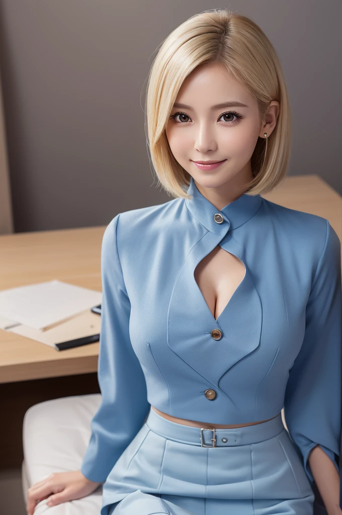 (8K, RAW Photos, Highest quality, masterpiece:1.2), Super detailed, Ultra-high resolution, (Realistic, Photorealistic:1.37), High-definition RAW color photos, Professional photos, Very delicate and beautiful, Very detailed, 8k wallpaper, (Beautiful and detailed eyes)、(Beautifully detailed face),Anatomically correct body shape, Professional Lighting,From Above,Close Up, one person,woman、Japanese、Age 35, Blonde Hair,short Hair、 (A shy smile:1.3), Fine and beautiful skin、Skin Texture、 (Slim waist:1.2)、(E cup bust:1.21), (secretary,Blue,Long sleeve,suits:1.3),(mini skirt:1.25), (Emphasize the cleavage:1.1),standing, Sharp focus、The background is a real company