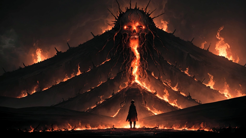 "Description: Illustrate Hell as a state of eternal separation from God, characterized by suffering and despair. Depict figures in a dark, ominous setting, surrounded by flames or bleak landscapes. Show expressions of anguish and isolation among the damned.
Details: Use dark, cold colors contrasted with fiery reds and oranges to depict torment and despair. Include symbolic elements like chains, barren landscapes, and distant cries to emphasize the hopelessness of Hell. Incorporate visual cues such as shattered symbols of faith or broken chains to symbolize eternal separation from God. This visual should communicate the stark contrast to the joyful communion found in Heaven."