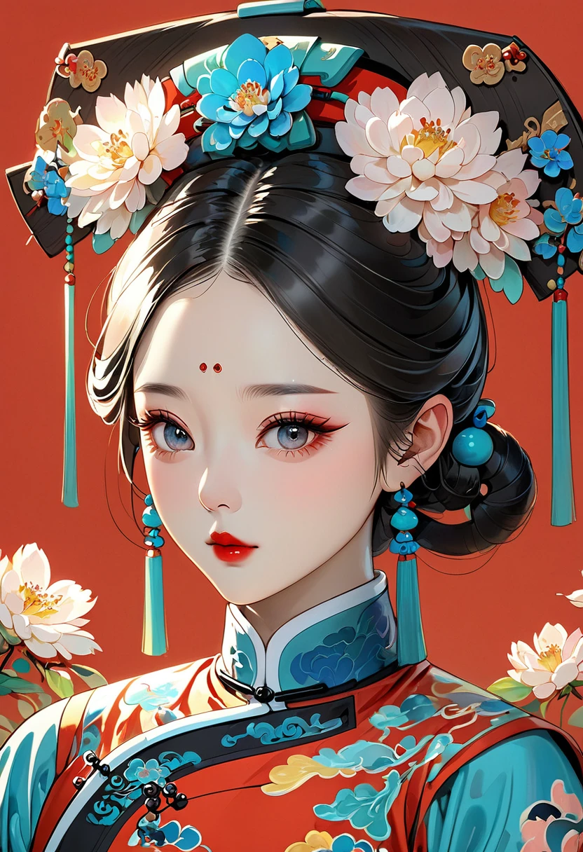 Thick coating of the board,Colored pencils,Procreate board drawing beautiful digital art,Clean lines,Beautiful Chinese Qing Dynasty Princess,Bright Eyes,Exquisite facial features,(((Qing Dynasty Gaoqitou,Gorgeous headdress,Flowers))),Qing Dynasty Clothing,Bright colors,High Saturation,Solid red background