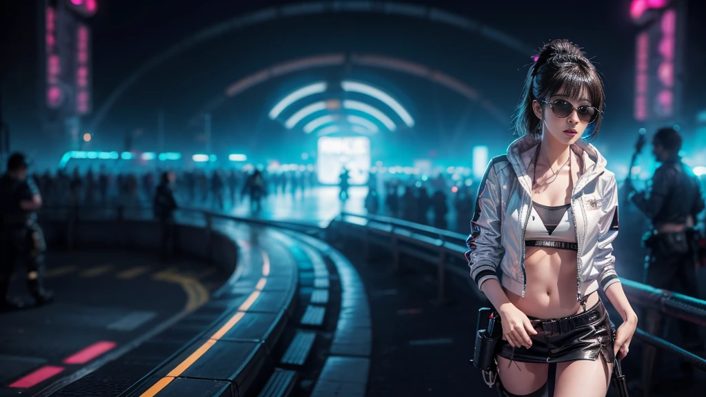 8k, Realistic Skin Texture, Realistic Photo, Neo Tokyo, slim women, large-breast:1.3 cleavage:1.2, AD2050 at night, Dirty hunting jacket, Wearing tube top, miniskirt, (((black sunglasses, automatic rifle, sneakers, cold, shooting pose, very low angle view))), Innovative composition, revenge, cyberpunk, blade runner worldview, Large neon sign, Geisha hologram sign, Strong Wakamoto Sign.