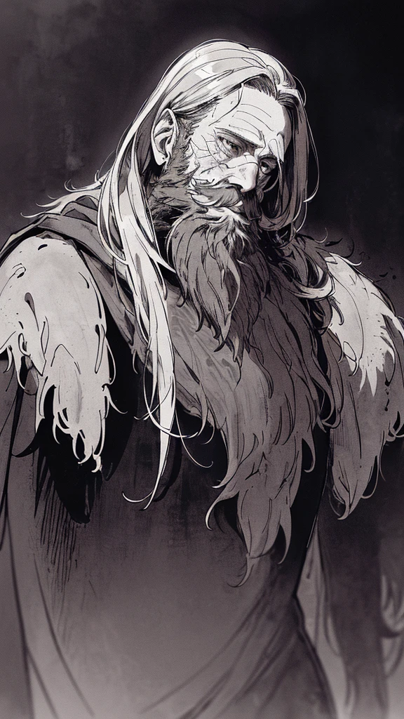 Highest quality, (Background details), High Contrast, Detailed original illustrations, Dwarven warriors、白hair、Muscular々、Wearing armor、whole body、Has an axe、, Medieval, Earrings_Deeply engraved_eye, Wrinkled face, dark_Stitch_Cape, (Dramatic lighting:1.25), (Shadowed Background:1.2), (dirty_ Sloppy_gray_hair:1.2), (length_Hairy_beard:1.3)Small stature、Delicate face, , Wicked Smile、鋭いeye, Black background, (Black background: 1. 5) Beautiful line art, Monochrome