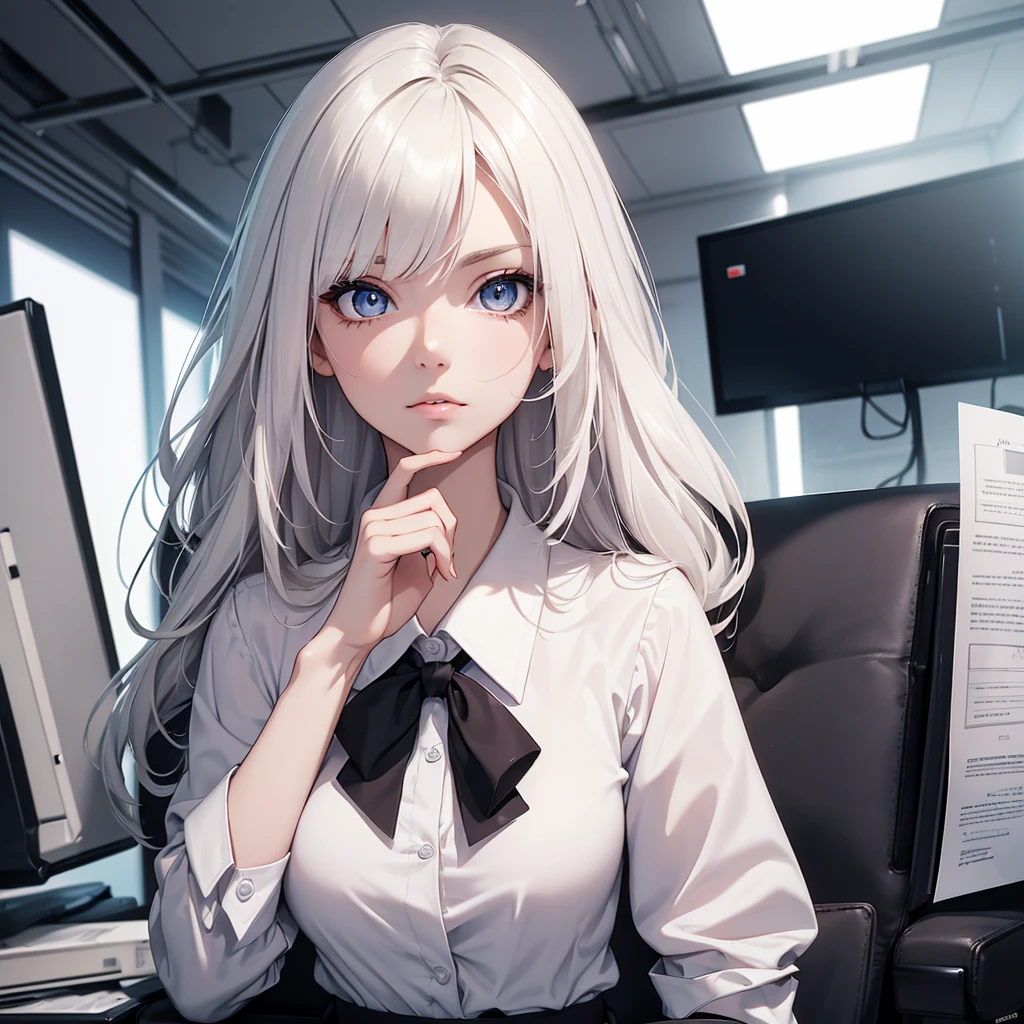(8K, Best Quality, Masterpiece, Ultra High Resolution) 1Girl, Beautiful Eyes, Face Details, Platinum Hair, Hazel Eyes, Pale Skin, Slender, Office Attire, Blouse, Skirt, Inside Office, Best Quality, Upper Body, Looking at the Viewer, Facing Viewer, Close Up