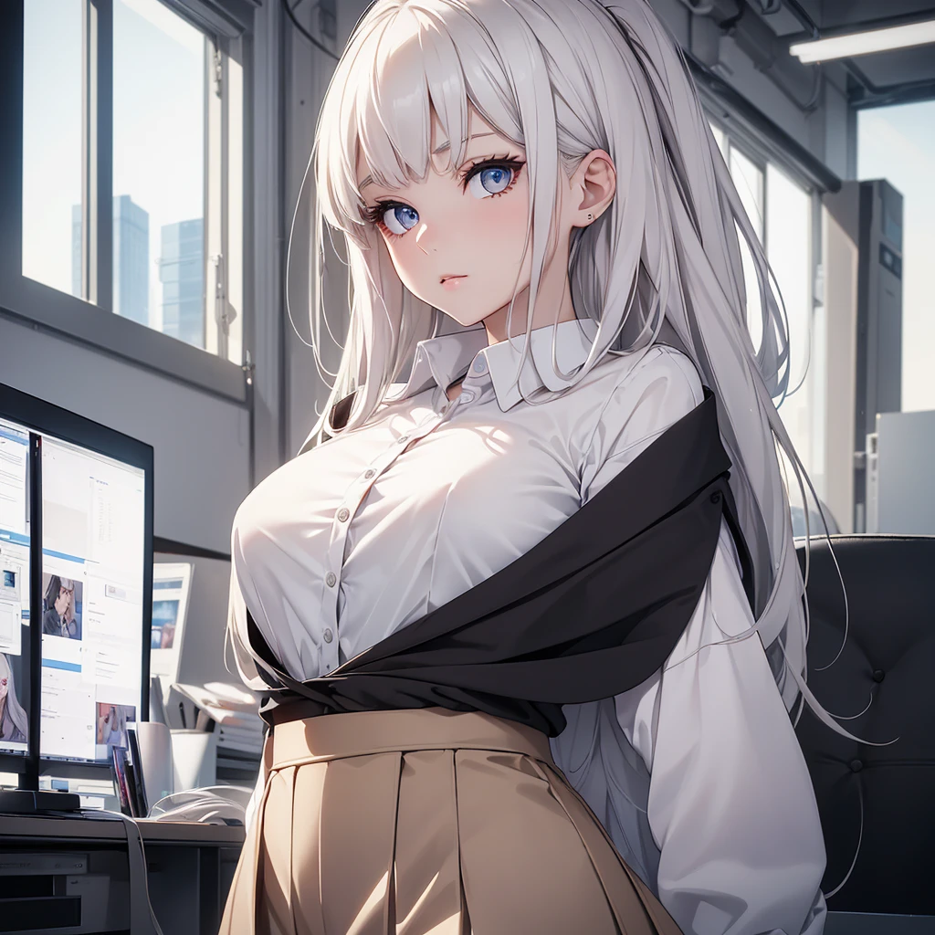 (8K, Best Quality, Masterpiece, Ultra High Resolution) 1Girl, Beautiful Eyes, Face Details, Platinum Hair, Hazel Eyes, Pale Skin, Slender, Office Attire, Blouse, Skirt, Inside Office, Best Quality, Upper Body, Looking at the Viewer, Facing Viewer, Close Up