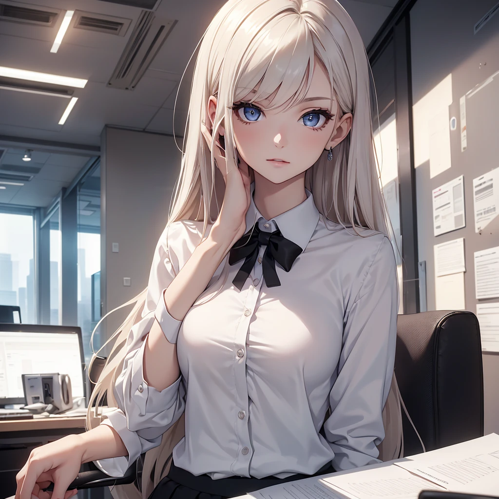 (8K, Best Quality, Masterpiece, Ultra High Resolution) 1Girl, Beautiful Eyes, Face Details, Platinum Hair, Hazel Eyes, Pale Skin, Slender, Office Attire, Blouse, Skirt, Inside Office, Best Quality, Upper Body, Looking at the Viewer, Facing Viewer, Close Up