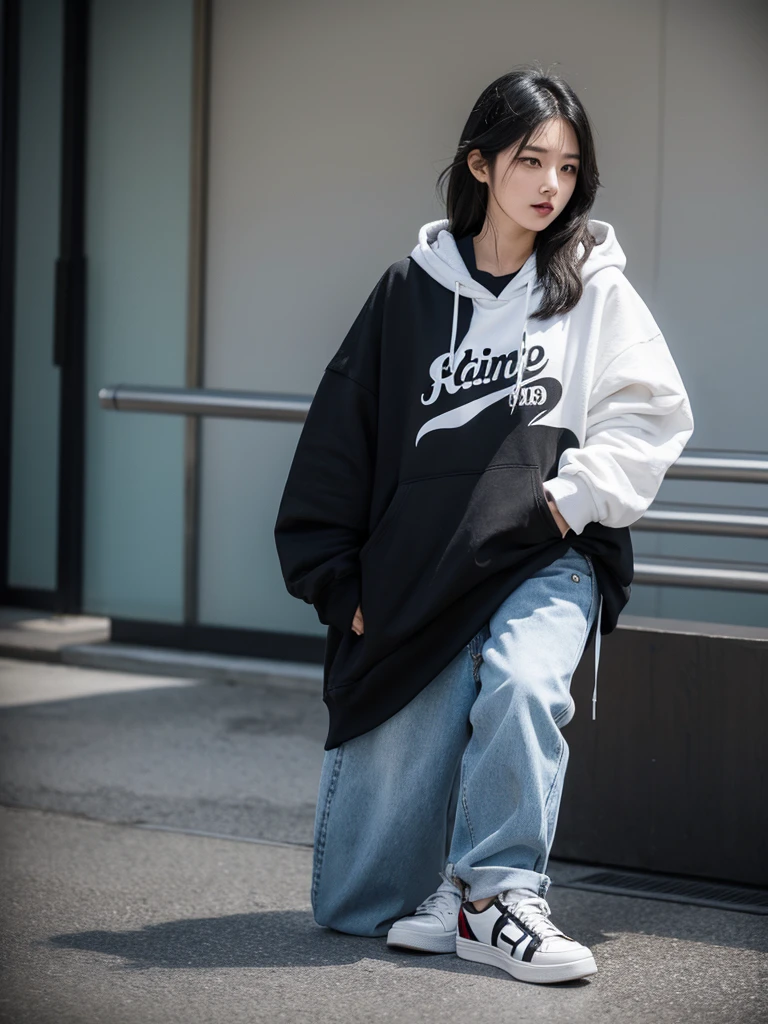 an Asian woman, 30 years old, layered black hair, wearing baggy jeans, black hoodie, white sneakers.
