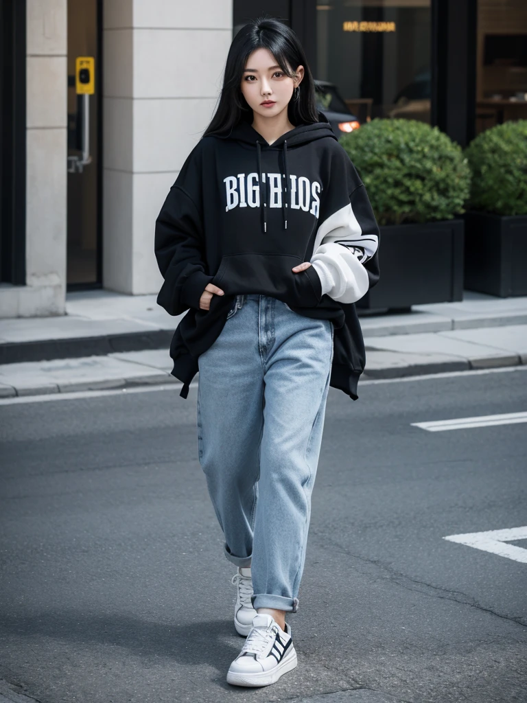 an Asian woman, 30 years old, layered black hair, wearing baggy jeans, black hoodie, white sneakers.
