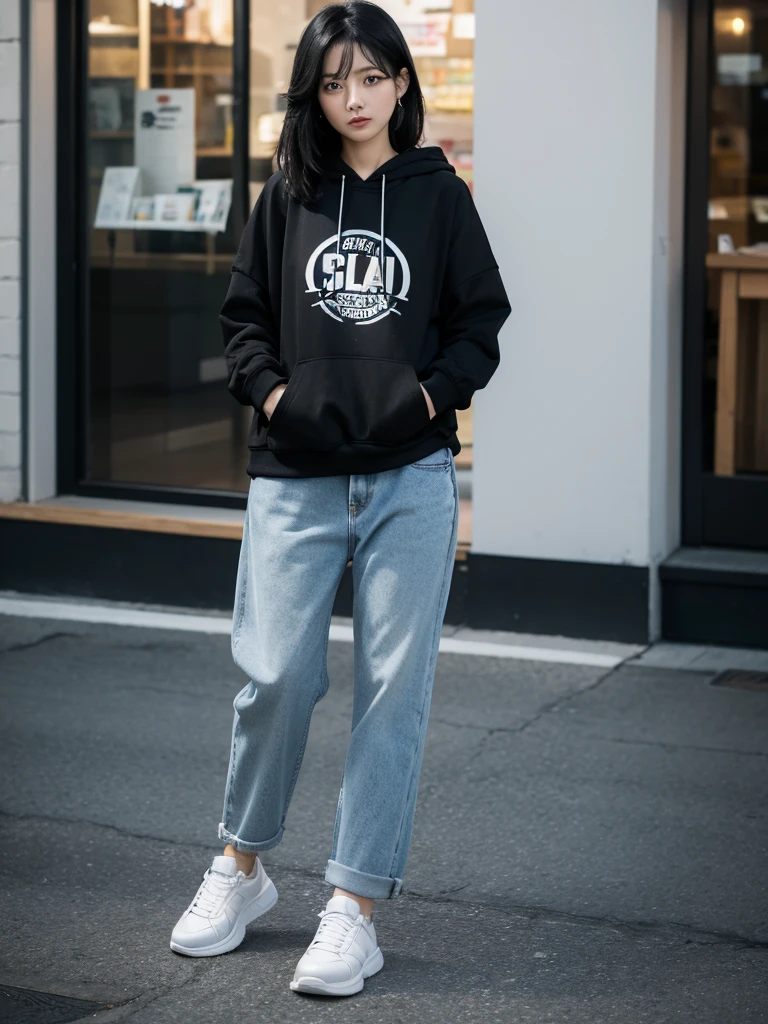 an Asian woman, 30 years old, layered black hair, wearing baggy jeans, black hoodie, white sneakers.