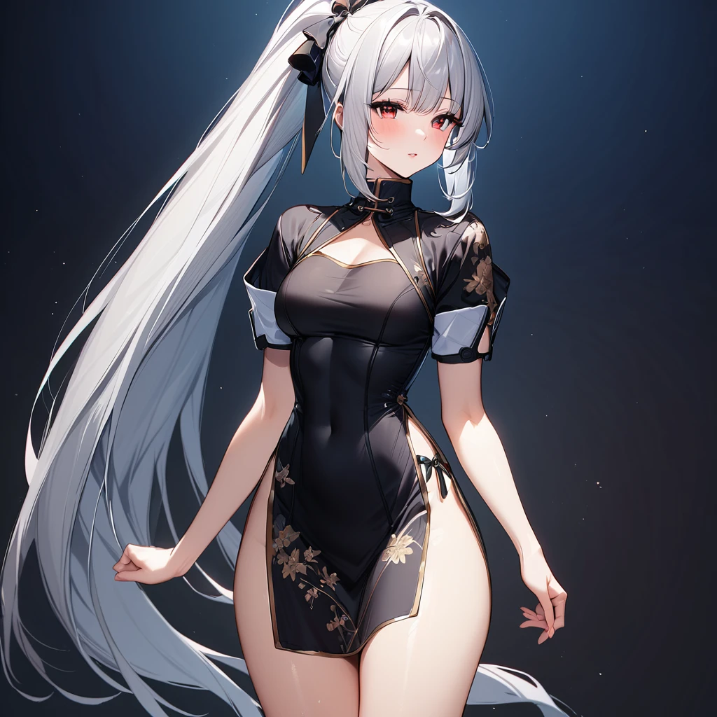 13 year old girl. White hair with twin tails. Golden eyes. White skin. Petite. Gold cloak over white one piece
