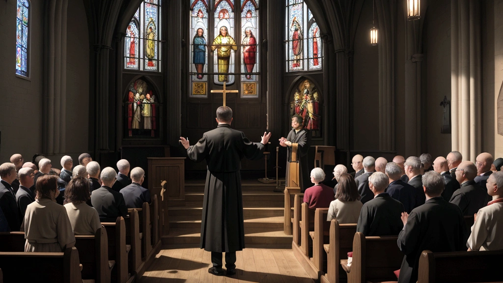 "Description: Create an illustrative representation of how sermons and teachings reinforce beliefs about Heaven and Hell in mainstream Protestantism. Show a pastor delivering a sermon from a pulpit, surrounded by congregants listening attentively.

Details: Use a realistic style to depict the pastor gesturing passionately, with Bible verses projected behind them. Show congregants of diverse ages and backgrounds, engaged in prayer or contemplation, with expressions reflecting hope and solemnity. Include subtle elements like light streaming through stained glass windows or candles symbolizing spiritual illumination. This visual should capture the solemn yet hopeful atmosphere of mainstream Protestant teachings on the afterlife."