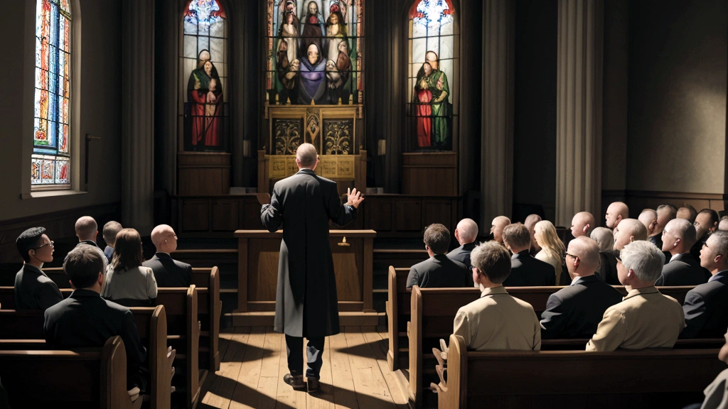 "Description: Create an illustrative representation of how sermons and teachings reinforce beliefs about Heaven and Hell in mainstream Protestantism. Show a pastor delivering a sermon from a pulpit, surrounded by congregants listening attentively.
Details: Use a realistic style to depict the pastor gesturing passionately, with Bible verses projected behind them. Show congregants of diverse ages and backgrounds, engaged in prayer or contemplation, with expressions reflecting hope and solemnity. Include subtle elements like light streaming through stained glass windows or candles symbolizing spiritual illumination. This visual should capture the solemn yet hopeful atmosphere of mainstream Protestant teachings on the afterlife."