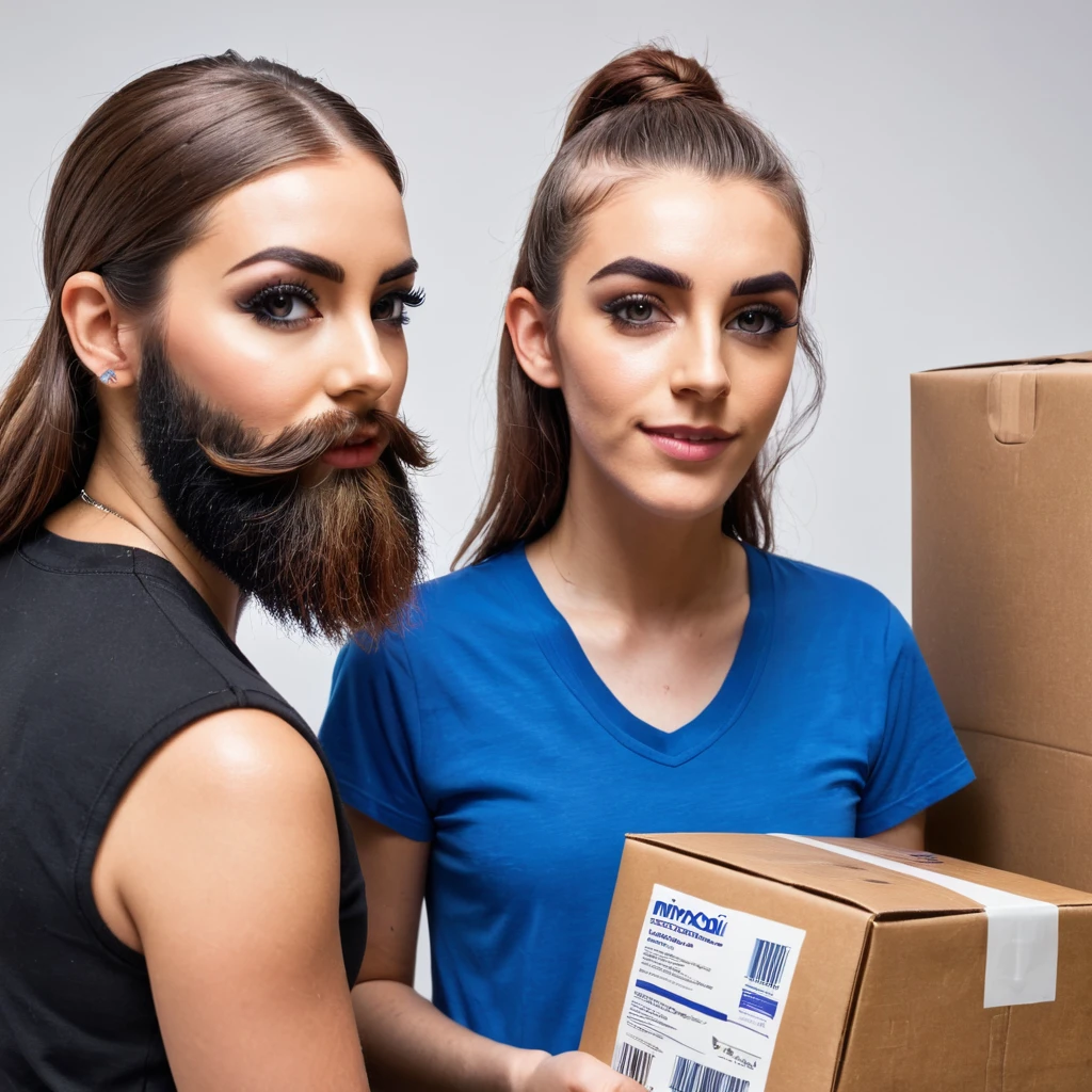 young, hugely bearded trans woman receives her package of minoxidil