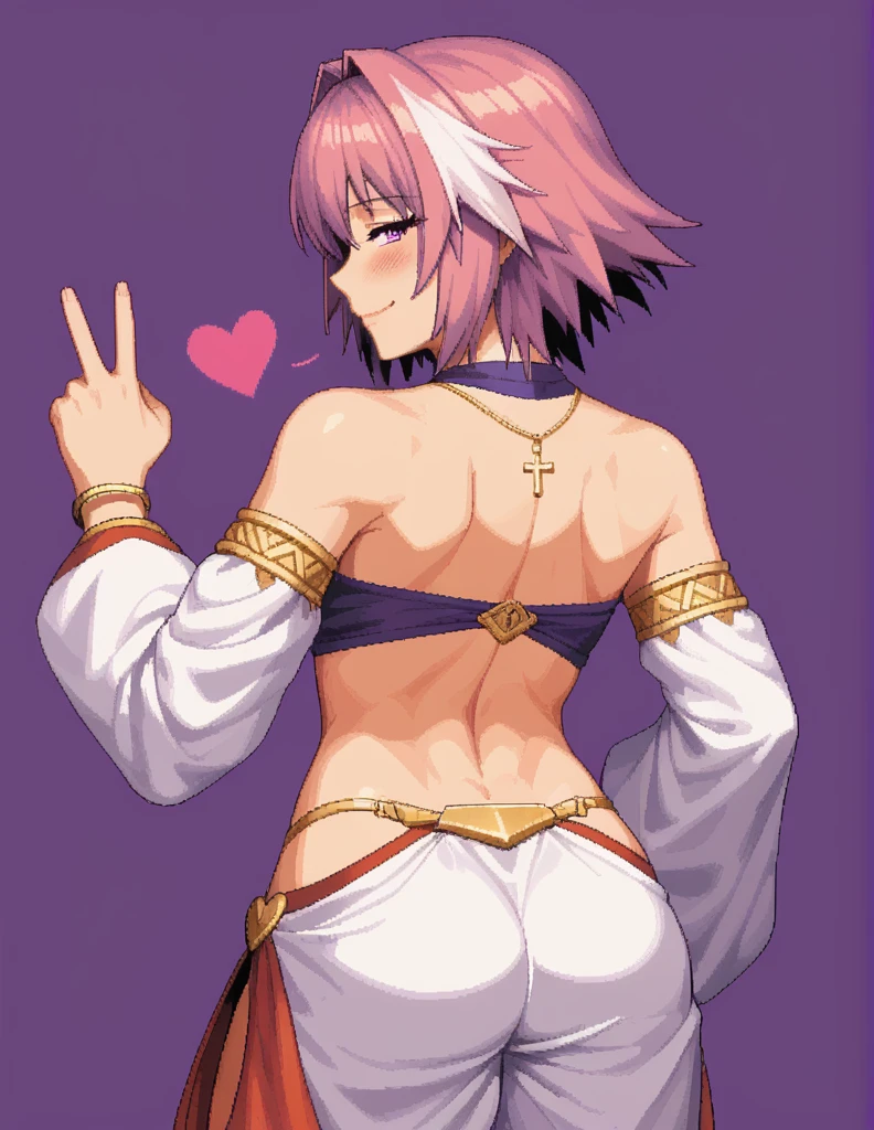 score_9, score_8_up, score_7_up, rating_safe, 1girl, solo, Pixel_Art, Fate/Apocrypha, Astolfo, purple eyes, purple hair, short hair, side bangs, no breats, revealing clothing, harem outfit, collarbone, backless, cross halter, necklace, loose sleeves, bracelet, bare shoulders, navel , hip vent, harem pants, cowboy shot, v, raise hand, look at viewer, simple background, purple background, heart background, blush, naughty face, smile, half-closed eyes, nude, ecchi, turn your back, big butt, hentai, porn, very hot, shows us her butt