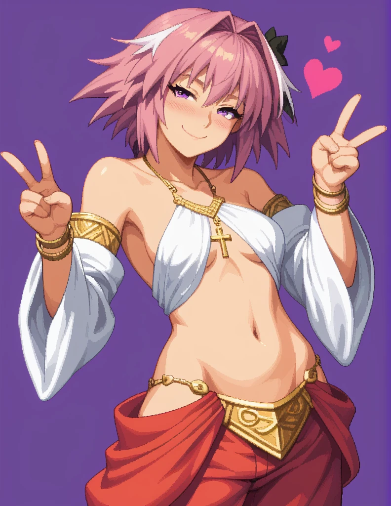 score_9, score_8_up, score_7_up, rating_safe, 1girl, solo, Pixel_Art, Fate/Apocrypha, Astolfo, purple eyes, purple hair, short hair, side bangs, no breats, revealing clothing, harem outfit, collarbone, backless, cross halter, necklace, loose sleeves, bracelet, bare shoulders, navel , hip vent, harem pants, cowboy shot, v, raise hand, look at viewer, simple background, purple background, heart background, blush, naughty face, smile, half-closed eyes, nude, ecchi, turn your back, big butt, hentai, porn, very hot, shows us her butt
