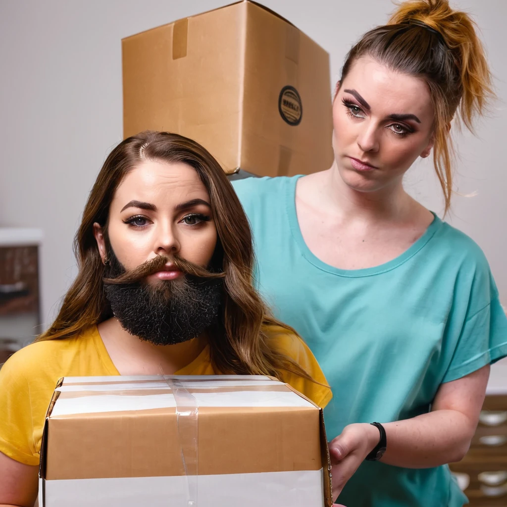 young, hugely bearded trans woman receives her package of minoxidil