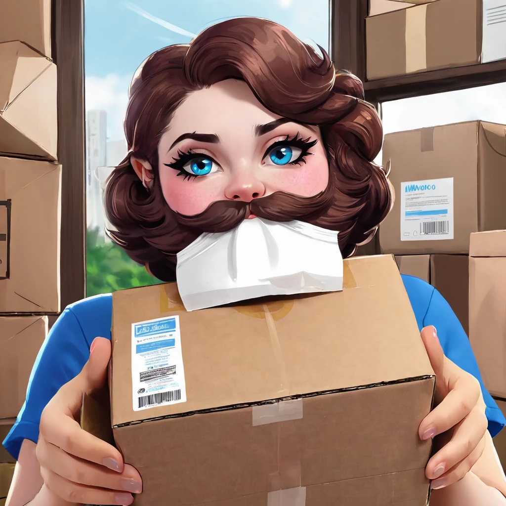 young, hugely bearded trans woman receives her package of minoxidil