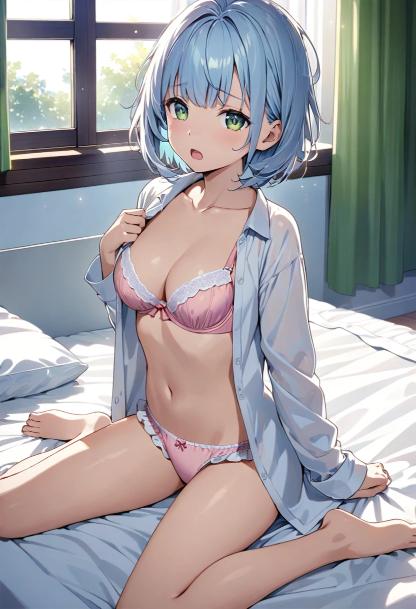 Light blue hair、Short Bob、Deep green eyes、25 years old,nice angle, (Bedhead:1.8), sleepy, sleepy-eyed, pink panties, frilled panties, bangs, barefoot, bed, bed sheet, bedroom, blush, breasts, collarbone, curtains, indoors, looking at viewer, naked shirt, navel, on bed, open clothes, open mouth, open shirt, sheet grab, shirt, sitting, sitting on bed, solo, waking up, wariza, white shirt, window,bra