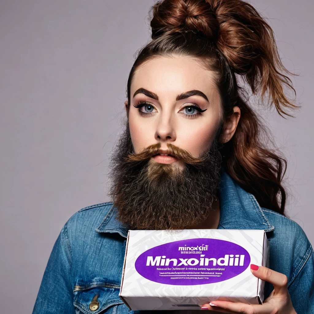 young, hugely bearded trans woman receives her package of minoxidil