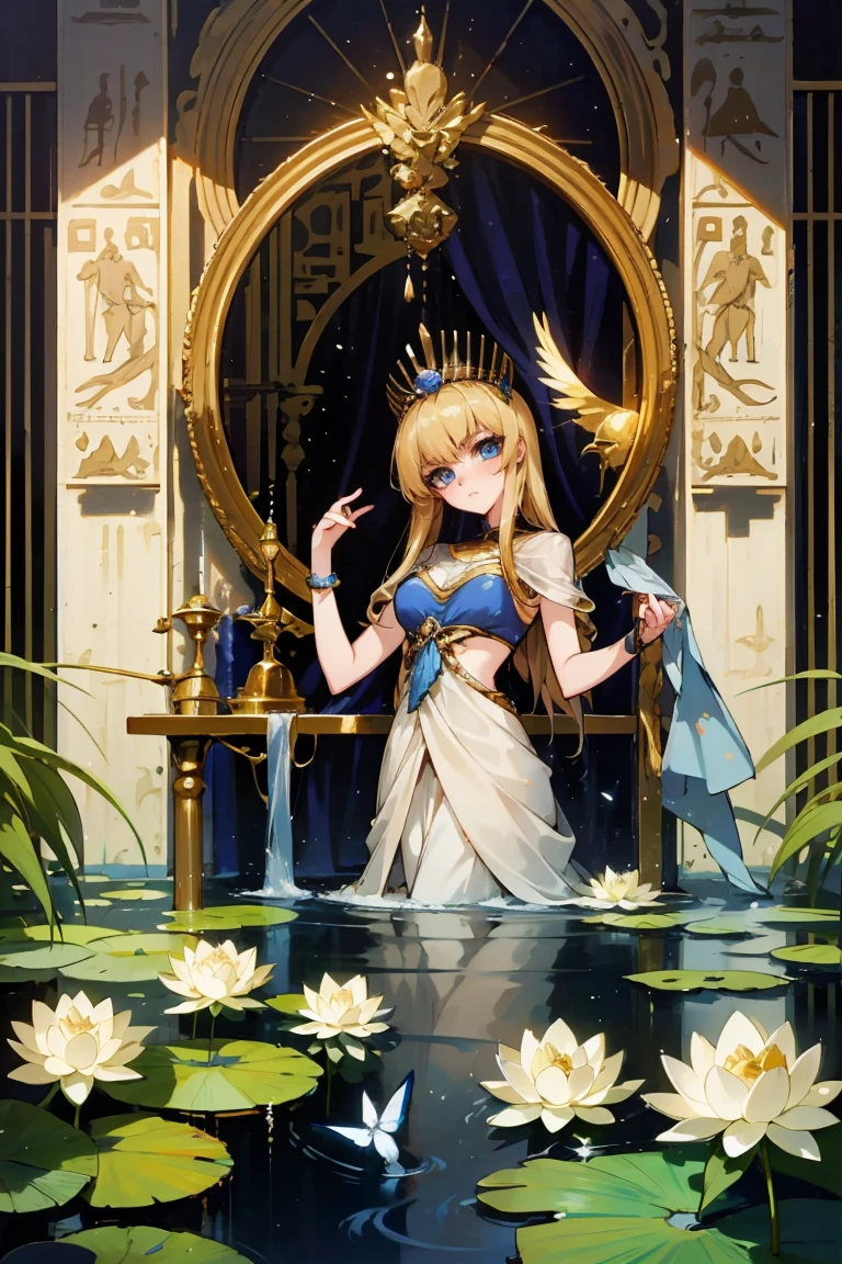 1 Girl,Blonde hair，straight blonde hair，Egyptian clothing，Egyptian Dress Up，Egyptian Queen，Welcome，Young girls，Emerald eyes，Exquisite eyes，beautiful脸庞，Stand by the lotus pond，Detailed CG，image，beautiful，Smooth and fair skin，Ultra high quality，Egyptian Eyeliner，Egypt Baotou