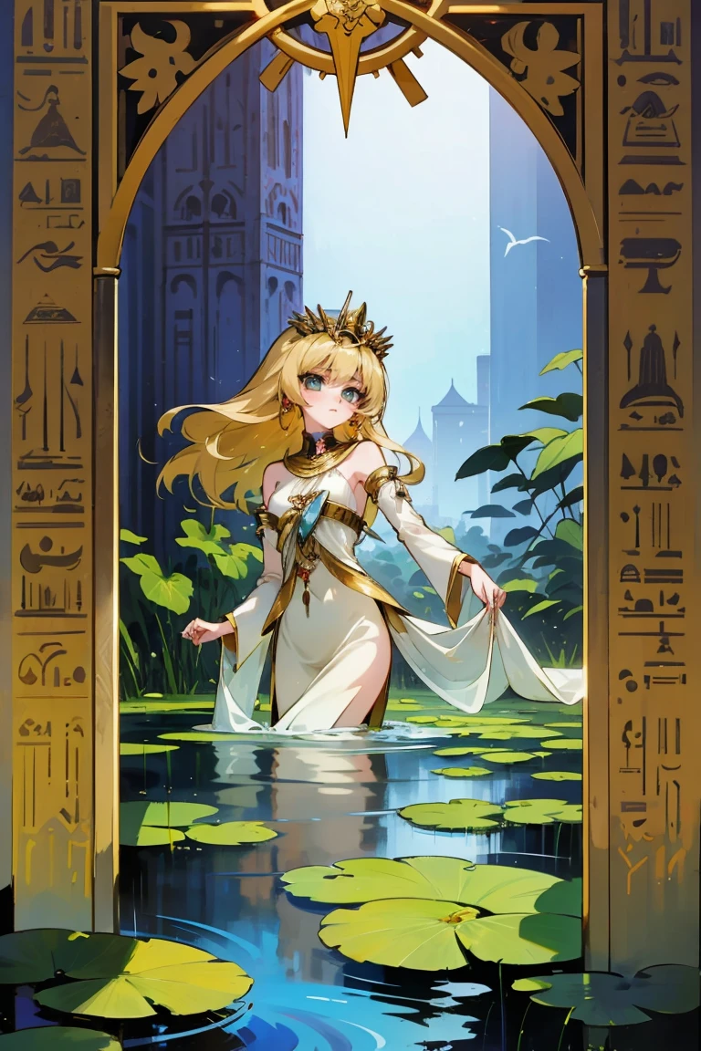 1 Girl,Blonde hair，straight blonde hair，Egyptian clothing，Egyptian Dress Up，Egyptian Queen，Welcome，Young girls，Emerald eyes，Exquisite eyes，beautiful脸庞，Stand by the lotus pond，Detailed CG，image，beautiful，Smooth and fair skin，Ultra high quality，Egyptian Eyeliner，Egypt Baotou